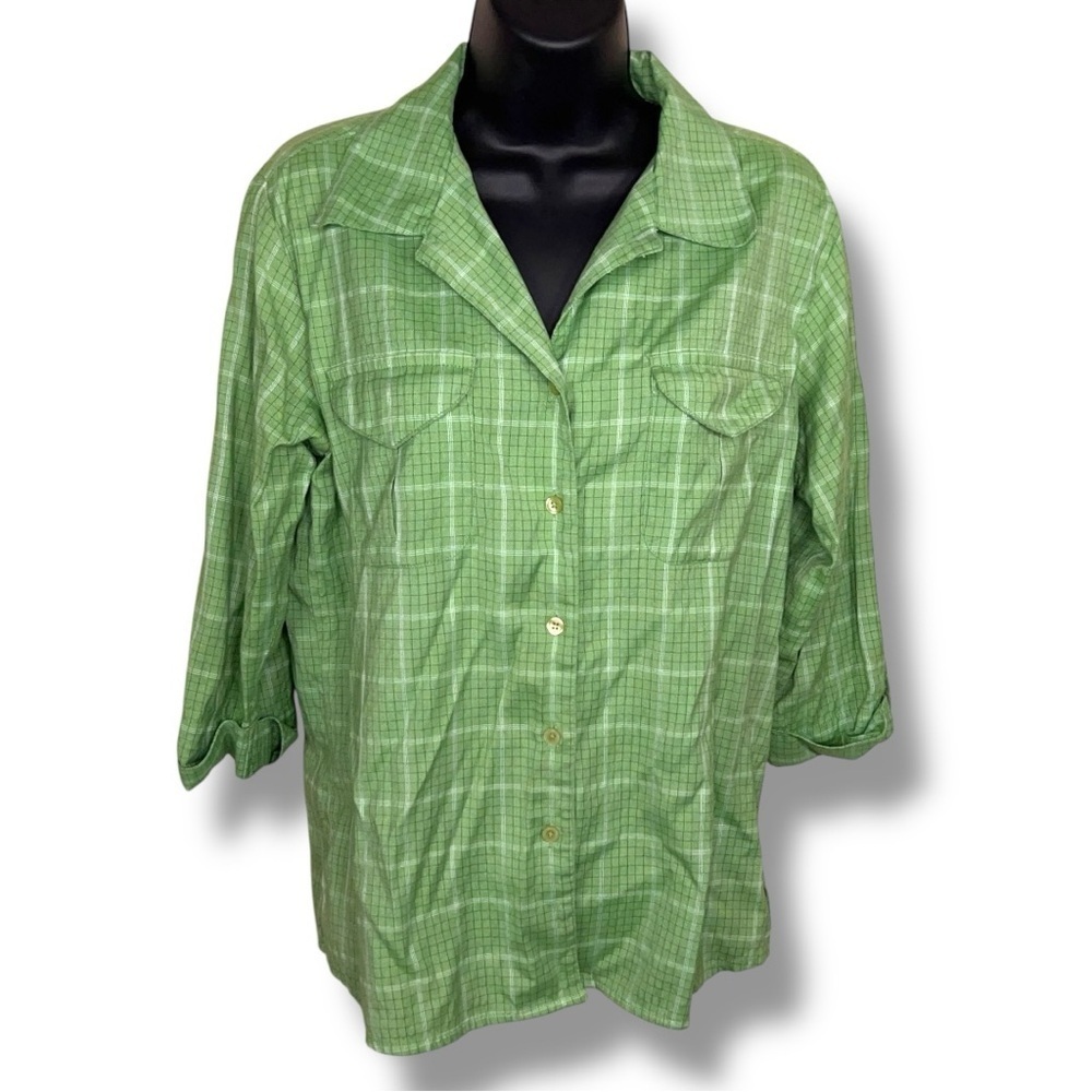 Medium Krazy Kat Green Plaid Button Up Top Roll Tab Sleeve Preppy Outdoor